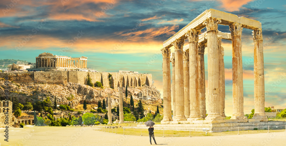 parthenon and columns and ruins of temple of Olympian Zeus Athens Greece