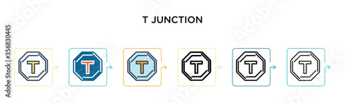 T junction vector icon in 6 different modern styles. Black, two colored t junction icons designed in filled, outline, line and stroke style. Vector illustration can be used for web, mobile, ui