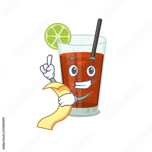 Cuba libre cocktail mascot character style with a menu on his hand