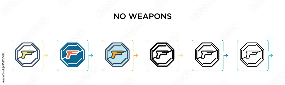 No weapons vector icon in 6 different modern styles. Black, two colored no weapons icons designed in filled, outline, line and stroke style. Vector illustration can be used for web, mobile, ui No weapons vector icon in 6 different modern styles. Black, two colored no weapons icons designed in filled, outline, line and stroke style. Vector illustration can be used for web, mobile, ui