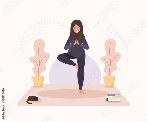Pretty arab pregnant woman doing yoga, having healthy lifestyle and relaxation. Exercises for girls. Modern vector illustration in flat style. Happy pregnancy concept isolated on white background.