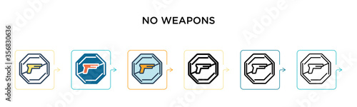 No weapons vector icon in 6 different modern styles. Black, two colored no weapons icons designed in filled, outline, line and stroke style. Vector illustration can be used for web, mobile, ui