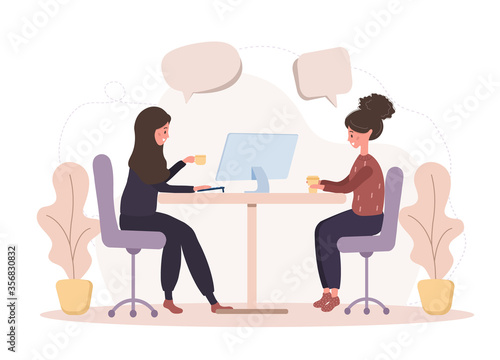 Girl talk to each other. Business women discuss social network, chat with dialog speech bubbles, debate working moments. Modern vector illustration in flat style.