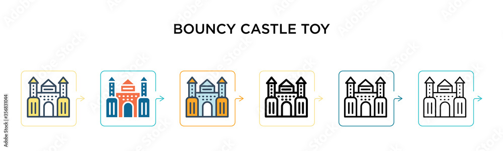 Bouncy castle toy vector icon in 6 different modern styles. Black, two colored bouncy castle toy icons designed in filled, outline, line and stroke style. Vector illustration can be used for web,