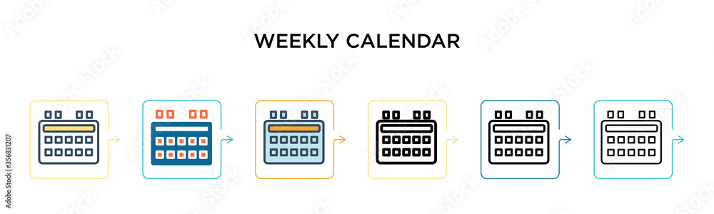 Weekly calendar vector icon in 6 different modern styles. Black, two colored weekly calendar icons designed in filled, outline, line and stroke style. Vector illustration can be used for web, mobile, Weekly calendar vector icon in 6 different modern styles. Black, two colored weekly calendar icons designed in filled, outline, line and stroke style. Vector illustration can be used for web, mobile,