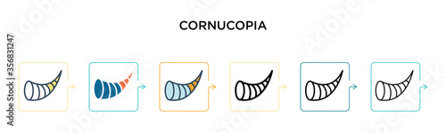 Cornucopia vector icon in 6 different modern styles. Black, two colored cornucopia icons designed in filled, outline, line and stroke style. Vector illustration can be used for web, mobile, ui
