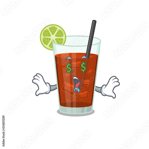 wealthy cartoon character concept of cuba libre cocktail with money eyes