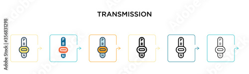 Transmission vector icon in 6 different modern styles. Black, two colored transmission icons designed in filled, outline, line and stroke style. Vector illustration can be used for web, mobile, ui