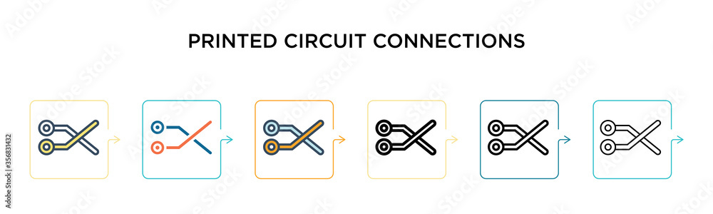 Printed circuit connections vector icon in 6 different modern styles. Black, two colored printed circuit connections icons designed in filled, outline, line and stroke style. Vector illustration can Printed circuit connections vector icon in 6 different modern styles. Black, two colored printed circuit connections icons designed in filled, outline, line and stroke style. Vector illustration can