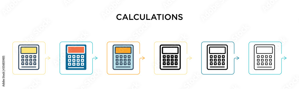 Calculations vector icon in 6 different modern styles. Black, two colored calculations icons designed in filled, outline, line and stroke style. Vector illustration can be used for web, mobile, ui Calculations vector icon in 6 different modern styles. Black, two colored calculations icons designed in filled, outline, line and stroke style. Vector illustration can be used for web, mobile, ui
