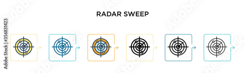 Radar sweep vector icon in 6 different modern styles. Black, two colored radar sweep icons designed in filled, outline, line and stroke style. Vector illustration can be used for web, mobile, ui