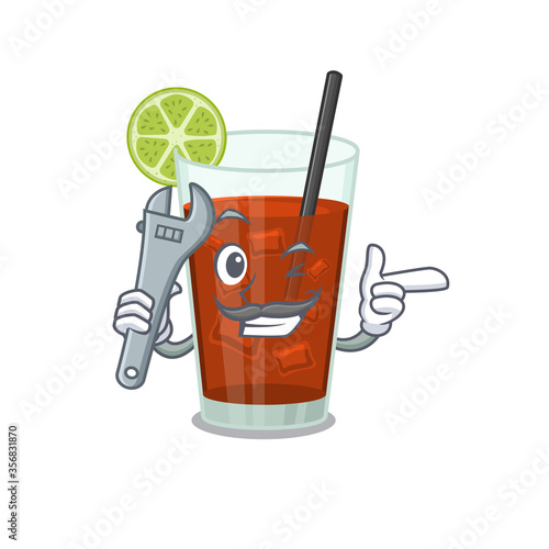 A caricature picture of cuba libre cocktail working as a mechanic