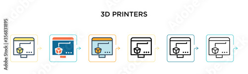 3d printers vector icon in 6 different modern styles. Black, two colored 3d printers icons designed in filled, outline, line and stroke style. Vector illustration can be used for web, mobile, ui