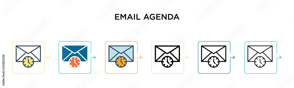 Email agenda vector icon in 6 different modern styles. Black, two colored email agenda icons designed in filled, outline, line and stroke style. Vector illustration can be used for web, mobile, ui Email agenda vector icon in 6 different modern styles. Black, two colored email agenda icons designed in filled, outline, line and stroke style. Vector illustration can be used for web, mobile, ui