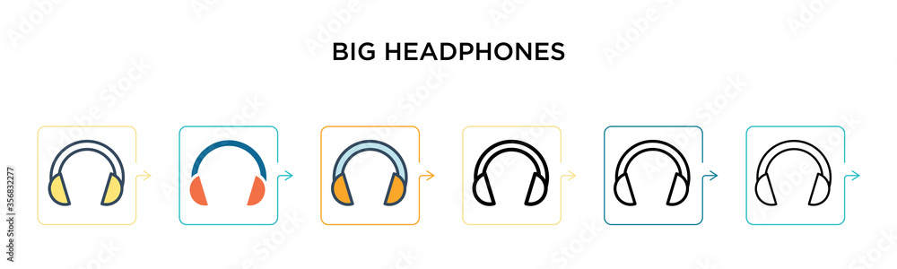 Big headphones vector icon in 6 different modern styles. Black, two colored big headphones icons designed in filled, outline, line and stroke style. Vector illustration can be used for web, mobile, ui Big headphones vector icon in 6 different modern styles. Black, two colored big headphones icons designed in filled, outline, line and stroke style. Vector illustration can be used for web, mobile, ui