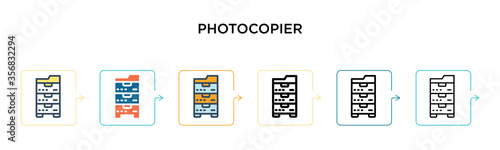 Photocopier vector icon in 6 different modern styles. Black, two colored photocopier icons designed in filled, outline, line and stroke style. Vector illustration can be used for web, mobile, ui