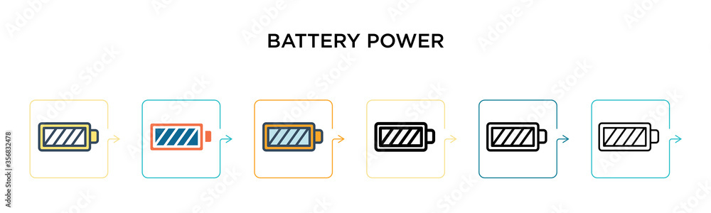 Battery power vector icon in 6 different modern styles. Black, two colored battery power icons designed in filled, outline, line and stroke style. Vector illustration can be used for web, mobile, ui Battery power vector icon in 6 different modern styles. Black, two colored battery power icons designed in filled, outline, line and stroke style. Vector illustration can be used for web, mobile, ui