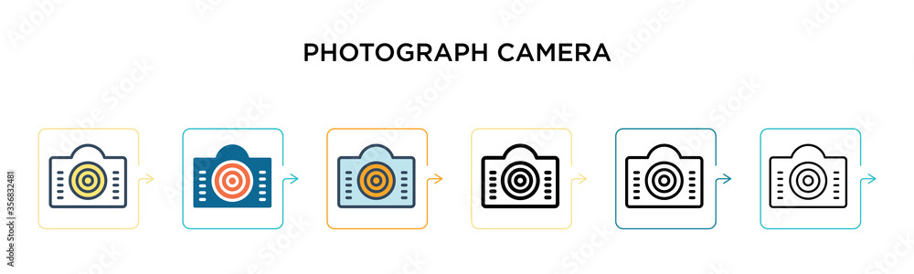 Photograph camera vector icon in 6 different modern styles. Black, two colored photograph camera icons designed in filled, outline, line and stroke style. Vector illustration can be used for web, Photograph camera vector icon in 6 different modern styles. Black, two colored photograph camera icons designed in filled, outline, line and stroke style. Vector illustration can be used for web,