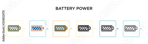 Battery power vector icon in 6 different modern styles. Black, two colored battery power icons designed in filled, outline, line and stroke style. Vector illustration can be used for web, mobile, ui