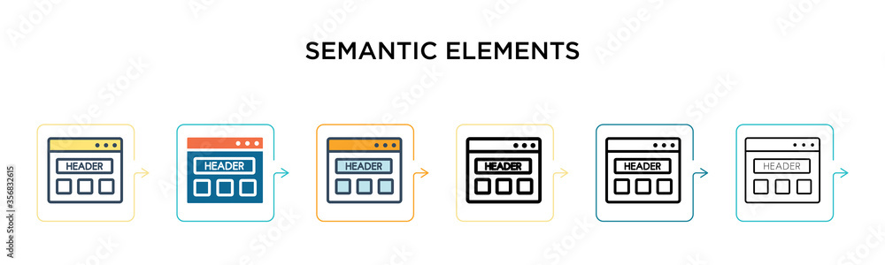 Semantic elements vector icon in 6 different modern styles. Black, two colored semantic elements icons designed in filled, outline, line and stroke style. Vector illustration can be used for web, Semantic elements vector icon in 6 different modern styles. Black, two colored semantic elements icons designed in filled, outline, line and stroke style. Vector illustration can be used for web,