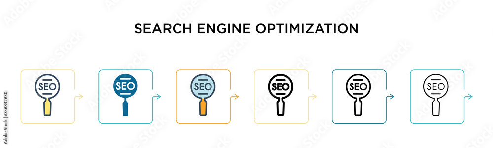 Search engine optimization vector icon in 6 different modern styles. Black, two colored search engine optimization icons designed in filled, outline, line and stroke style. Vector illustration can be Search engine optimization vector icon in 6 different modern styles. Black, two colored search engine optimization icons designed in filled, outline, line and stroke style. Vector illustration can be