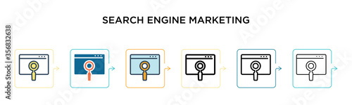 Search engine marketing vector icon in 6 different modern styles. Black, two colored search engine marketing icons designed in filled, outline, line and stroke style. Vector illustration can be used