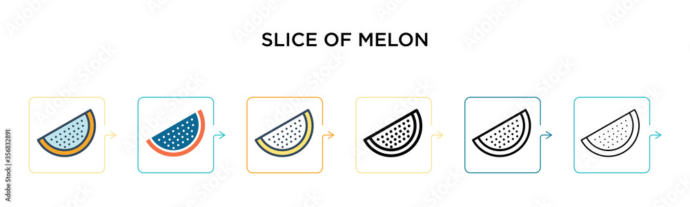 Slice of melon vector icon in 6 different modern styles. Black, two colored slice of melon icons designed in filled, outline, line and stroke style. Vector illustration can be used for web, mobile, ui Slice of melon vector icon in 6 different modern styles. Black, two colored slice of melon icons designed in filled, outline, line and stroke style. Vector illustration can be used for web, mobile, ui