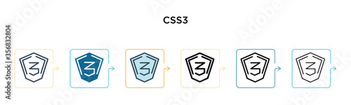 Css3 vector icon in 6 different modern styles. Black, two colored css3 icons designed in filled, outline, line and stroke style. Vector illustration can be used for web, mobile, ui