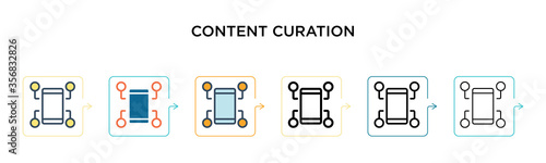 Content curation vector icon in 6 different modern styles. Black, two colored content curation icons designed in filled, outline, line and stroke style. Vector illustration can be used for web,