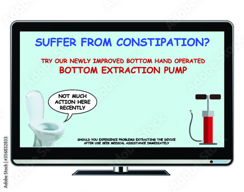 Comical newly improved constipation hand operated extraction pump television advert on white background