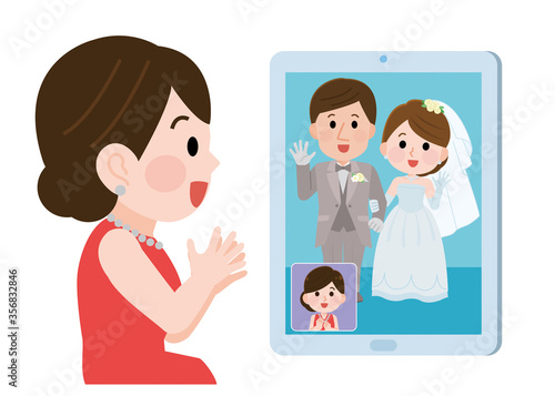 オンライン結婚式　自宅で祝う女性　イラスト