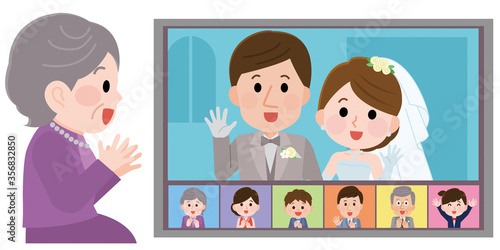 オンライン結婚式　自宅で祝う祖母　イラスト
