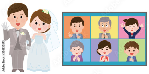 オンライン結婚式　新郎新婦と親戚　イラスト