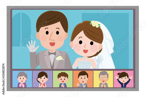 オンライン結婚式　新郎新婦と親戚の画面　イラスト