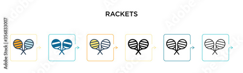 Rackets vector icon in 6 different modern styles. Black, two colored rackets icons designed in filled, outline, line and stroke style. Vector illustration can be used for web, mobile, ui