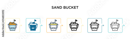 Sand bucket vector icon in 6 different modern styles. Black, two colored sand bucket icons designed in filled, outline, line and stroke style. Vector illustration can be used for web, mobile, ui