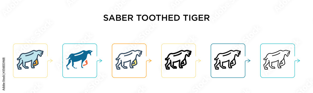 Saber toothed tiger vector icon in 6 different modern styles. Black, two colored saber toothed tiger icons designed in filled, outline, line and stroke style. Vector illustration can be used for web,