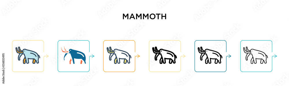 Mammoth vector icon in 6 different modern styles. Black, two colored mammoth icons designed in filled, outline, line and stroke style. Vector illustration can be used for web, mobile, ui