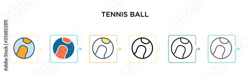 Tennis ball vector icon in 6 different modern styles. Black, two colored tennis ball icons designed in filled, outline, line and stroke style. Vector illustration can be used for web, mobile, ui