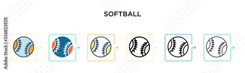 Softball vector icon in 6 different modern styles. Black, two colored softball icons designed in filled, outline, line and stroke style. Vector illustration can be used for web, mobile, ui