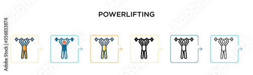 Powerlifting vector icon in 6 different modern styles. Black, two colored powerlifting icons designed in filled, outline, line and stroke style. Vector illustration can be used for web, mobile, ui