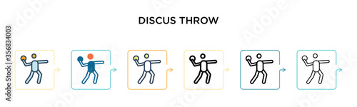 Discus throw vector icon in 6 different modern styles. Black, two colored discus throw icons designed in filled, outline, line and stroke style. Vector illustration can be used for web, mobile, ui