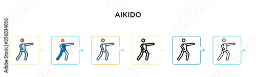 Aikido vector icon in 6 different modern styles. Black, two colored aikido icons designed in filled, outline, line and stroke style. Vector illustration can be used for web, mobile, ui