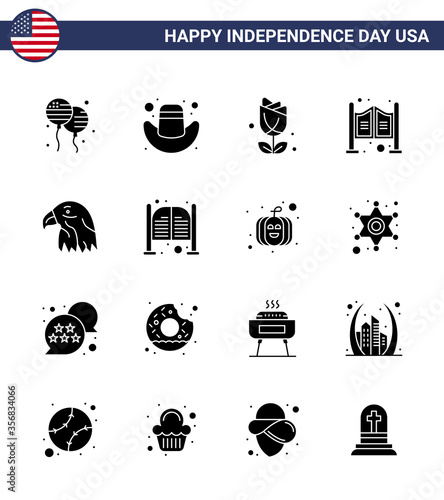 USA Independence Day Solid Glyph Set of 16 USA Pictograms of eagle; animal; imerican; western; household photo