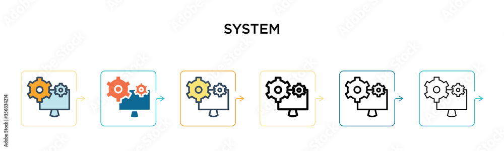 System vector icon in 6 different modern styles. Black, two colored system icons designed in filled, outline, line and stroke style. Vector illustration can be used for web, mobile, ui System vector icon in 6 different modern styles. Black, two colored system icons designed in filled, outline, line and stroke style. Vector illustration can be used for web, mobile, ui