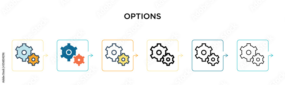 Options vector icon in 6 different modern styles. Black, two colored options icons designed in filled, outline, line and stroke style. Vector illustration can be used for web, mobile, ui Options vector icon in 6 different modern styles. Black, two colored options icons designed in filled, outline, line and stroke style. Vector illustration can be used for web, mobile, ui