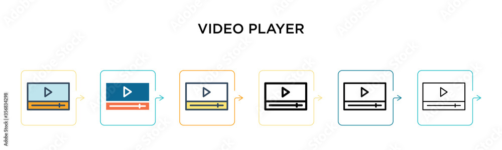 Video player vector icon in 6 different modern styles. Black, two colored video player icons designed in filled, outline, line and stroke style. Vector illustration can be used for web, mobile, ui Video player vector icon in 6 different modern styles. Black, two colored video player icons designed in filled, outline, line and stroke style. Vector illustration can be used for web, mobile, ui