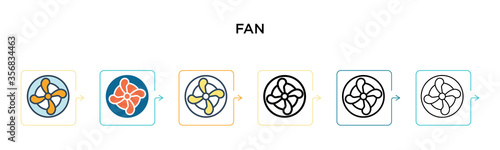 Fan vector icon in 6 different modern styles. Black, two colored fan icons designed in filled, outline, line and stroke style. Vector illustration can be used for web, mobile, ui