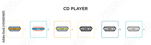 Cd player vector icon in 6 different modern styles. Black, two colored cd player icons designed in filled, outline, line and stroke style. Vector illustration can be used for web, mobile, ui
