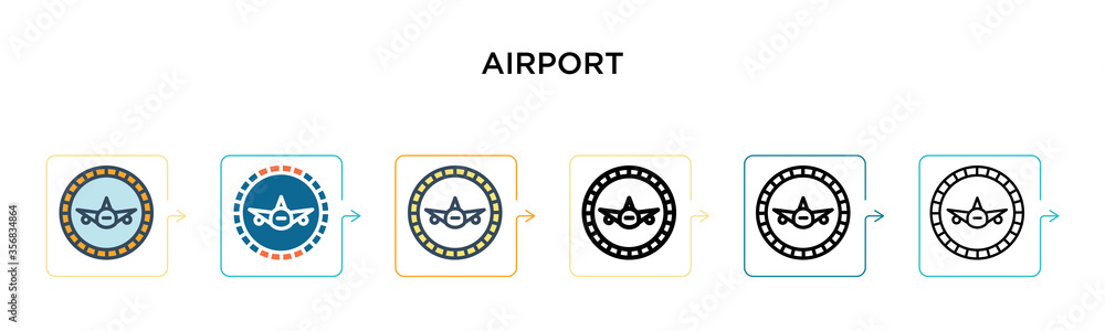 Airport vector icon in 6 different modern styles. Black, two colored airport icons designed in filled, outline, line and stroke style. Vector illustration can be used for web, mobile, ui